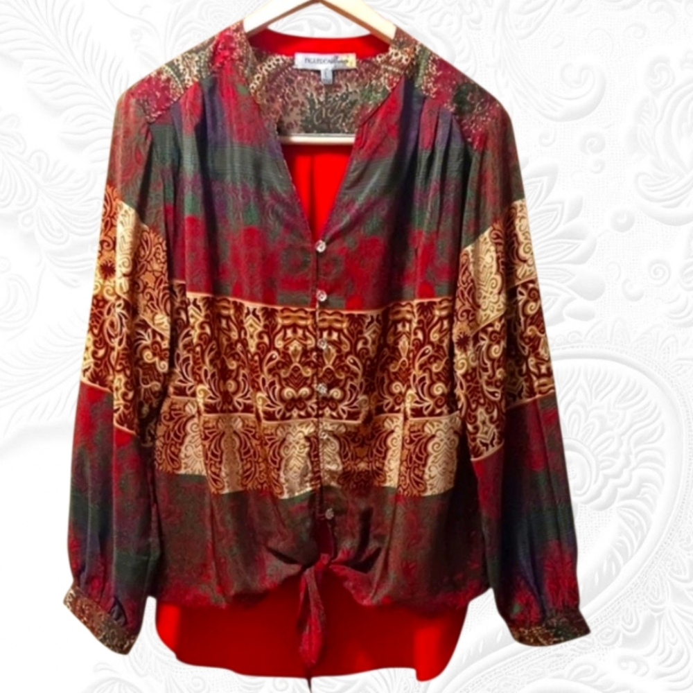 - FIGUEROA & FLOWER  Y-NECK PRINTED BUTTON FRONT BLOUSE